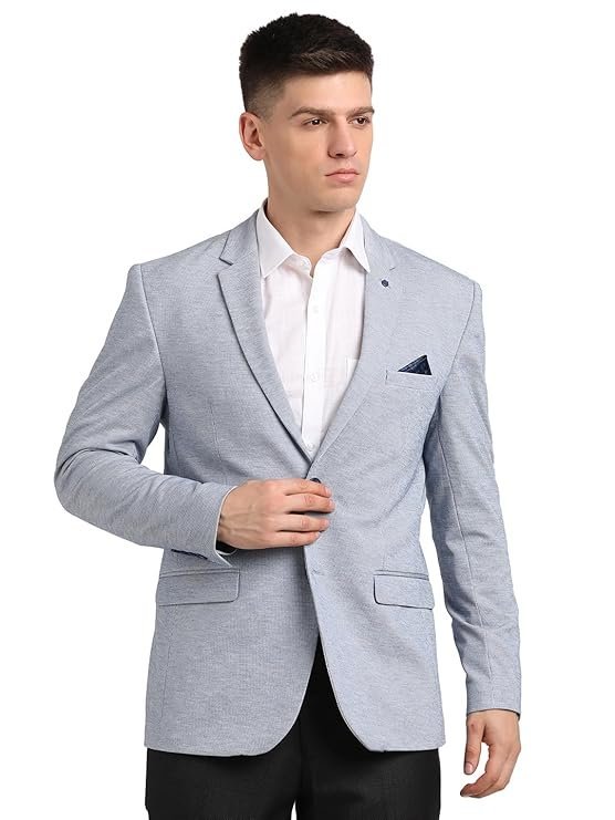Turtle Men Knitted Notch Lapel Collar Light Blue Single Breasted Casual Blazer