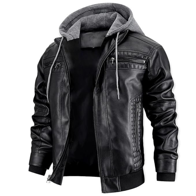 Blaq Ash Men's Black Faux Leather Jacket with Zipper, Multiple Pockets, and Removable Hood Design