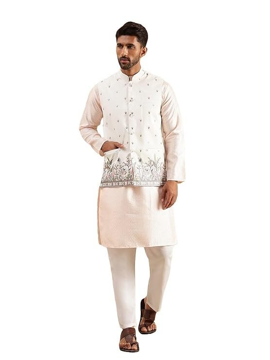 SOJANYA Men's Silk Blend Pink Kurta & White Pyjama With Daman Embroidered Nehru Jacket