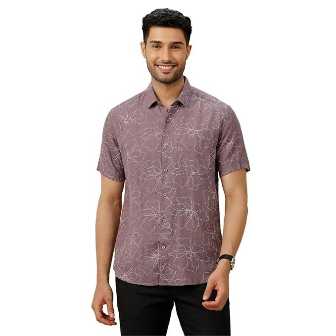 Linen Club Men's Pure Linen Purple Printed Contemporary Fit Half Sleeve Casual Shirt