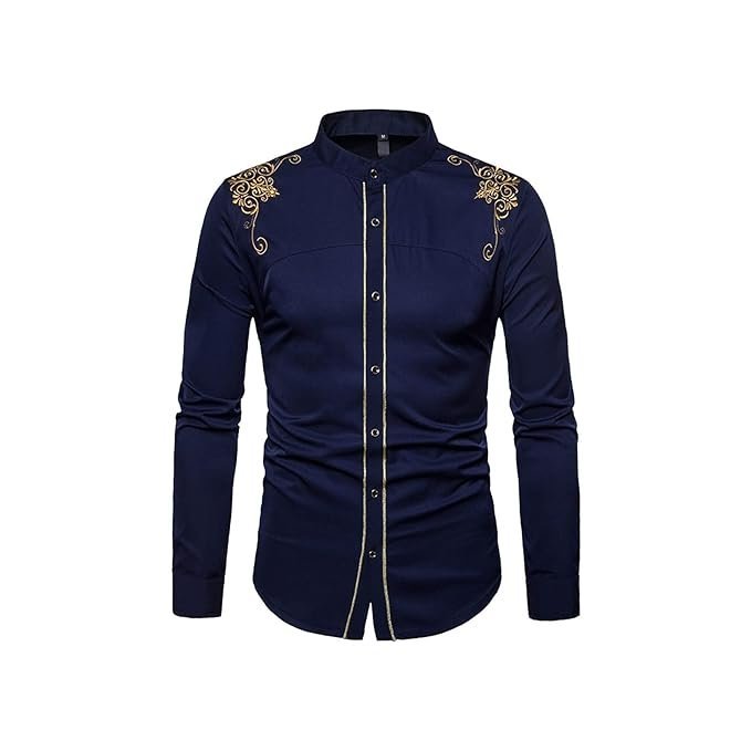 ZAFONI Men Shirts, Spring Style Solid Floral Embroidered Solid Dress Shirts Slim Fit Casual Long Sleeve Shirt