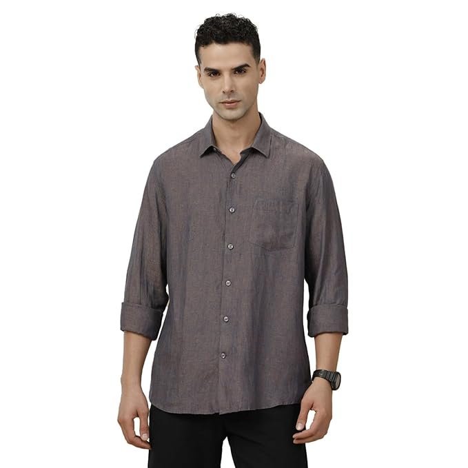 Linen Club Men's Pure Linen Blue Chambray Contemporary Fit Full Sleeve Casual Shirt