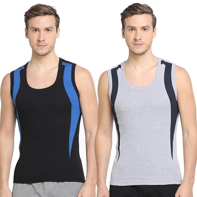Dixcy Scott Originals Men's Cut & Sew Color Block Printed On Side Durable & Comfortable 100% Combed Cotton Muscle Fit Gym Regular Fit Vest Innerwear
