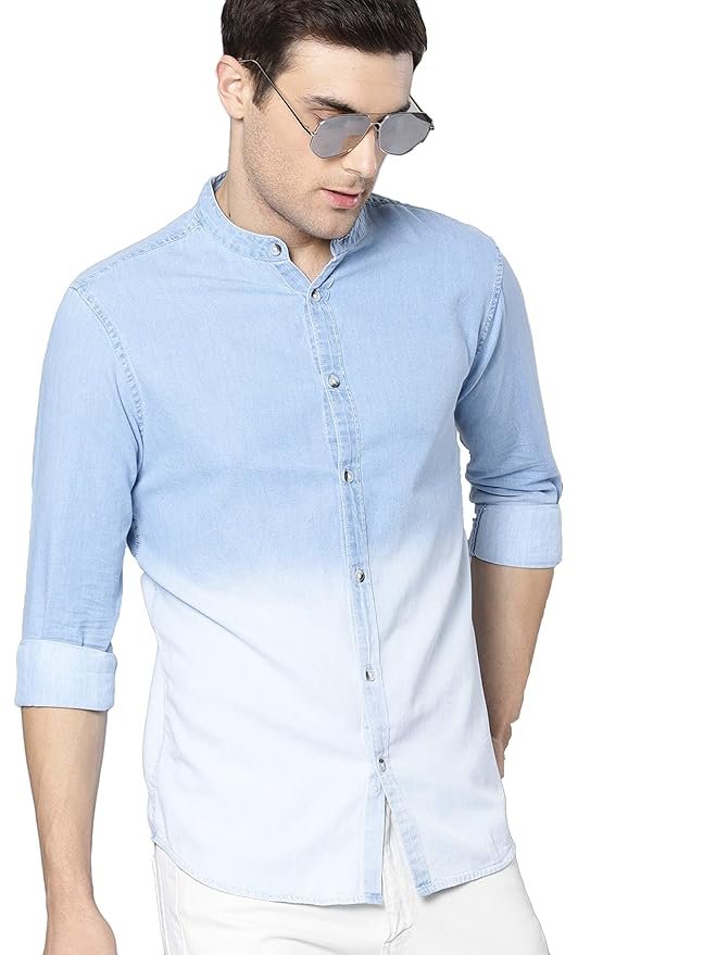 Dennis Lingo Men's Cotton Full Sleeves Cotton Denim Solid Casual Shirt with Mandarin Collar (Light Blue, M)