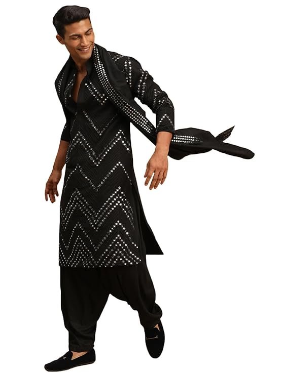VASTRAMAY Men's Georgette Kurta and Patiala Set | Mirror work Georgette Kurta With Patiala and Dupatta