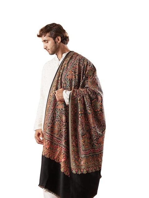 Pashmoda Men 100% Pure Wool Fabric Sozni Embroidered Shawl, Stole and Wrap, Heritage Pashmina Kashmiri Stole, Shawl, Wrap (Size: 40x80 Inches, Black Color)
